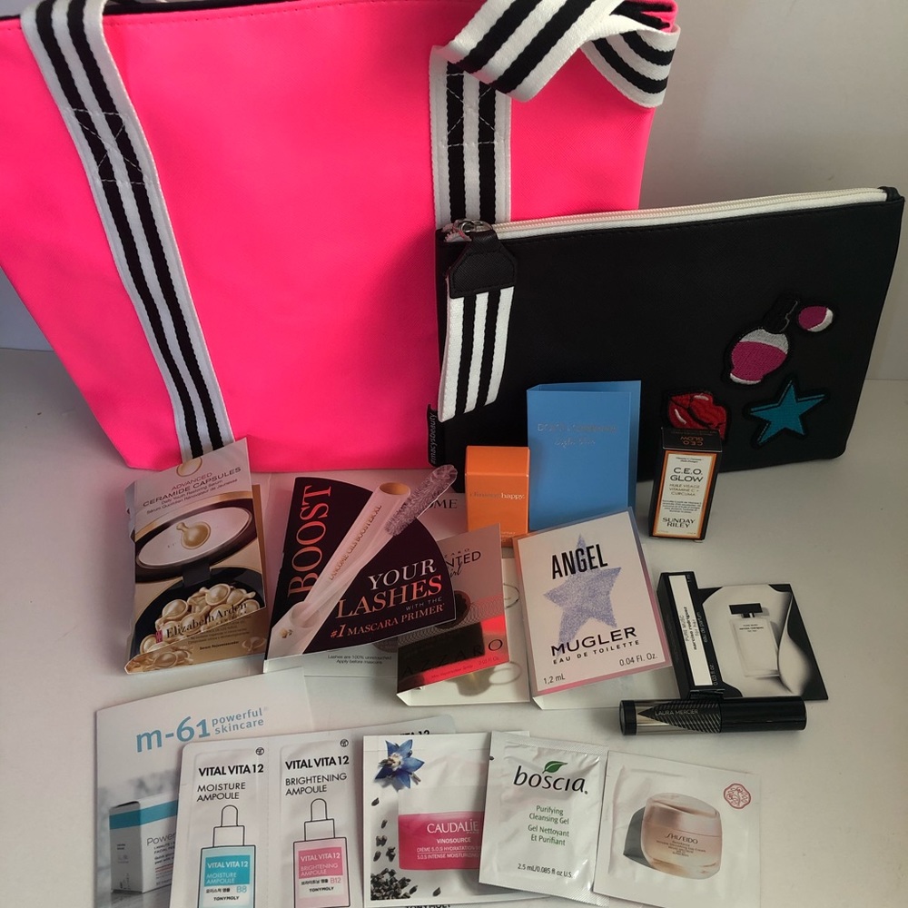 Hot Pink Tote with Makeup Bag and samples NWT